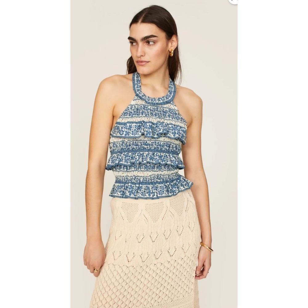 Sea New York Arlo Blue White Embroidered Smocked Tiered Ruffle Halter Top L